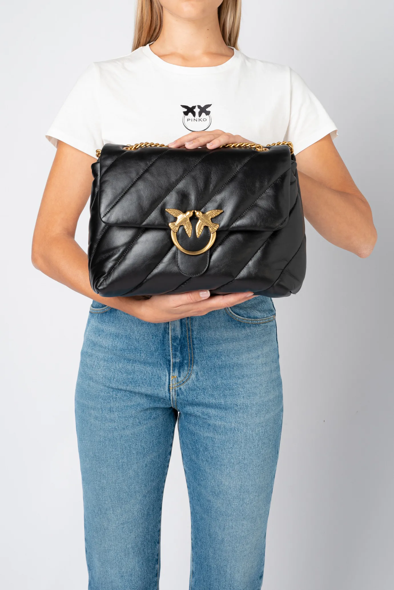 Sacs Portés Épaule|PINKO Big Love Bag Puff Maxi Quilt Noir-Vieil Or