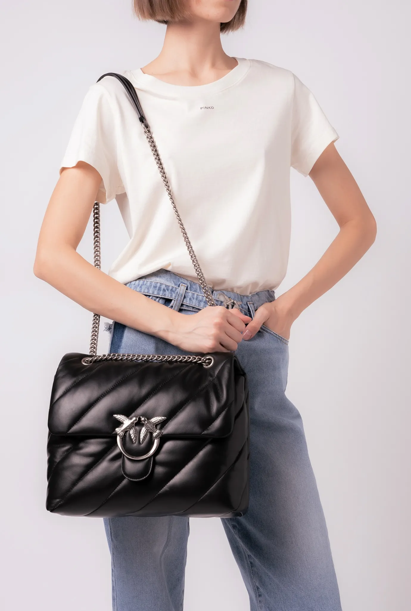 Sacs Portés Épaule|PINKO Big Love Bag Puff Maxi Quilt Noir-Vieil Argent