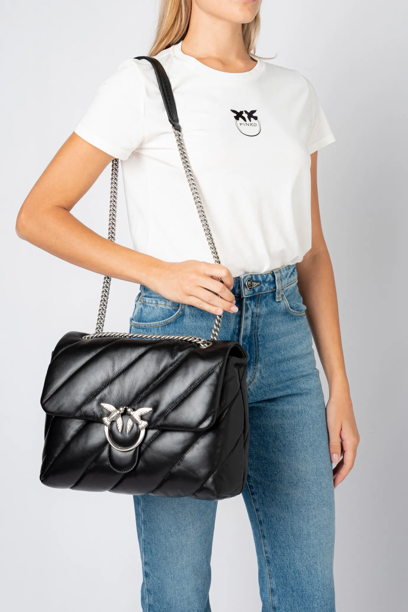 Sacs Portés Épaule|PINKO Big Love Bag Puff Maxi Quilt Noir-Vieil Argent