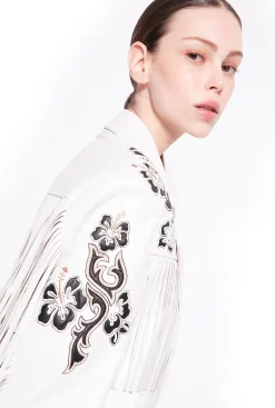 Vestes|PINKO Blazer En Cuir A Broderies Et Franges Blanc Soie