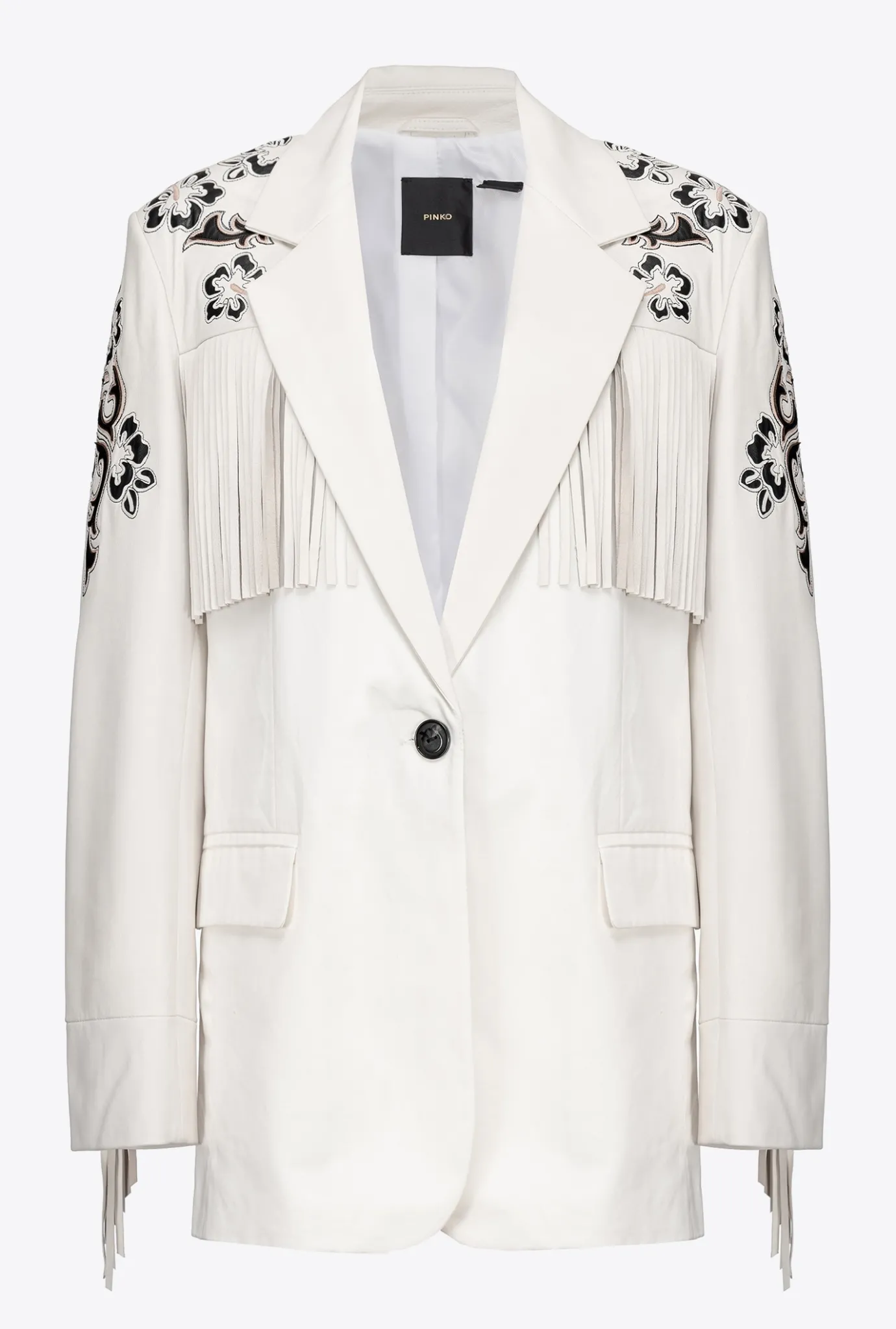 Vestes|PINKO Blazer En Cuir A Broderies Et Franges Blanc Soie