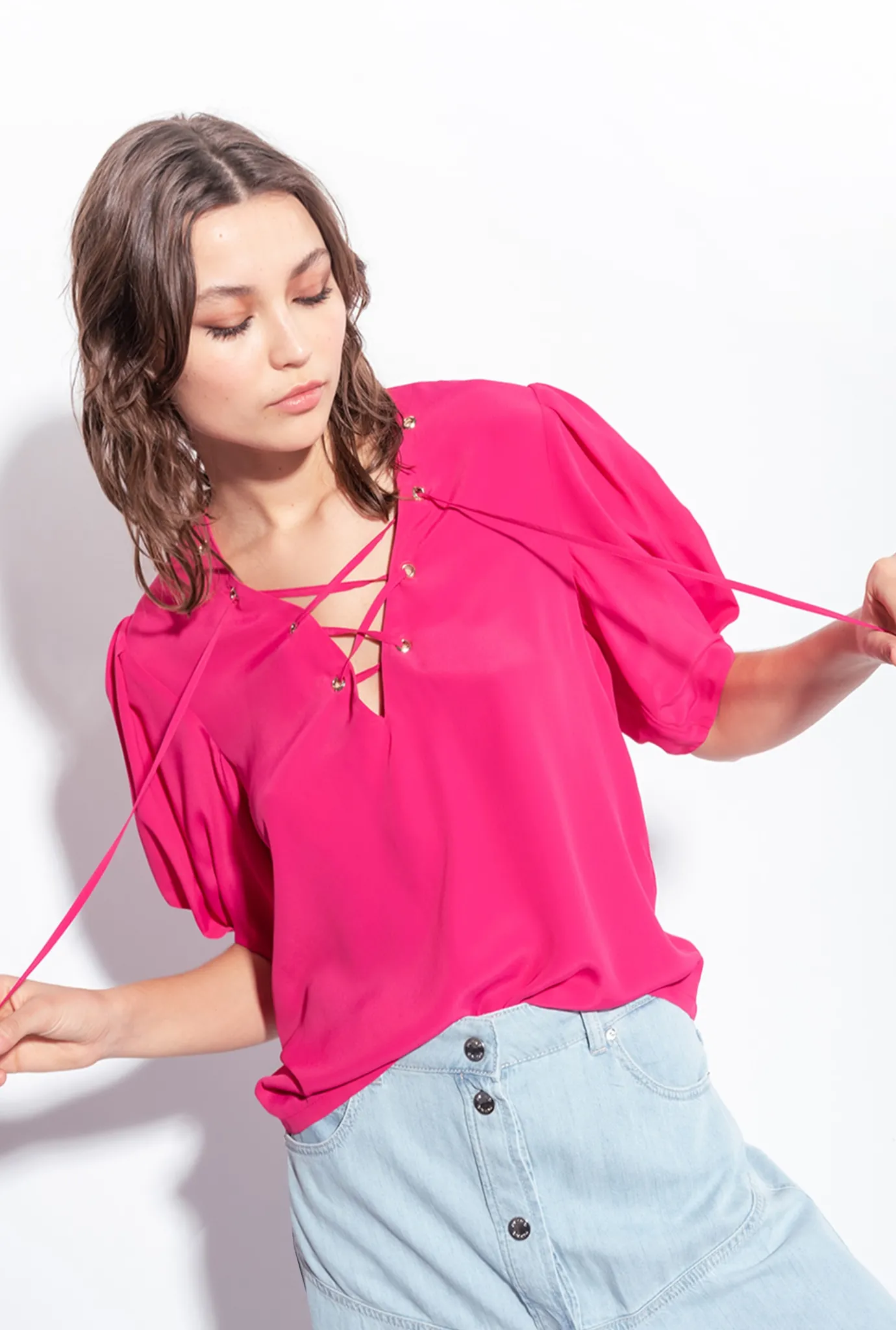 Chemises Et Blouses|PINKO Blouse A Lacets Fuchsia Cosy