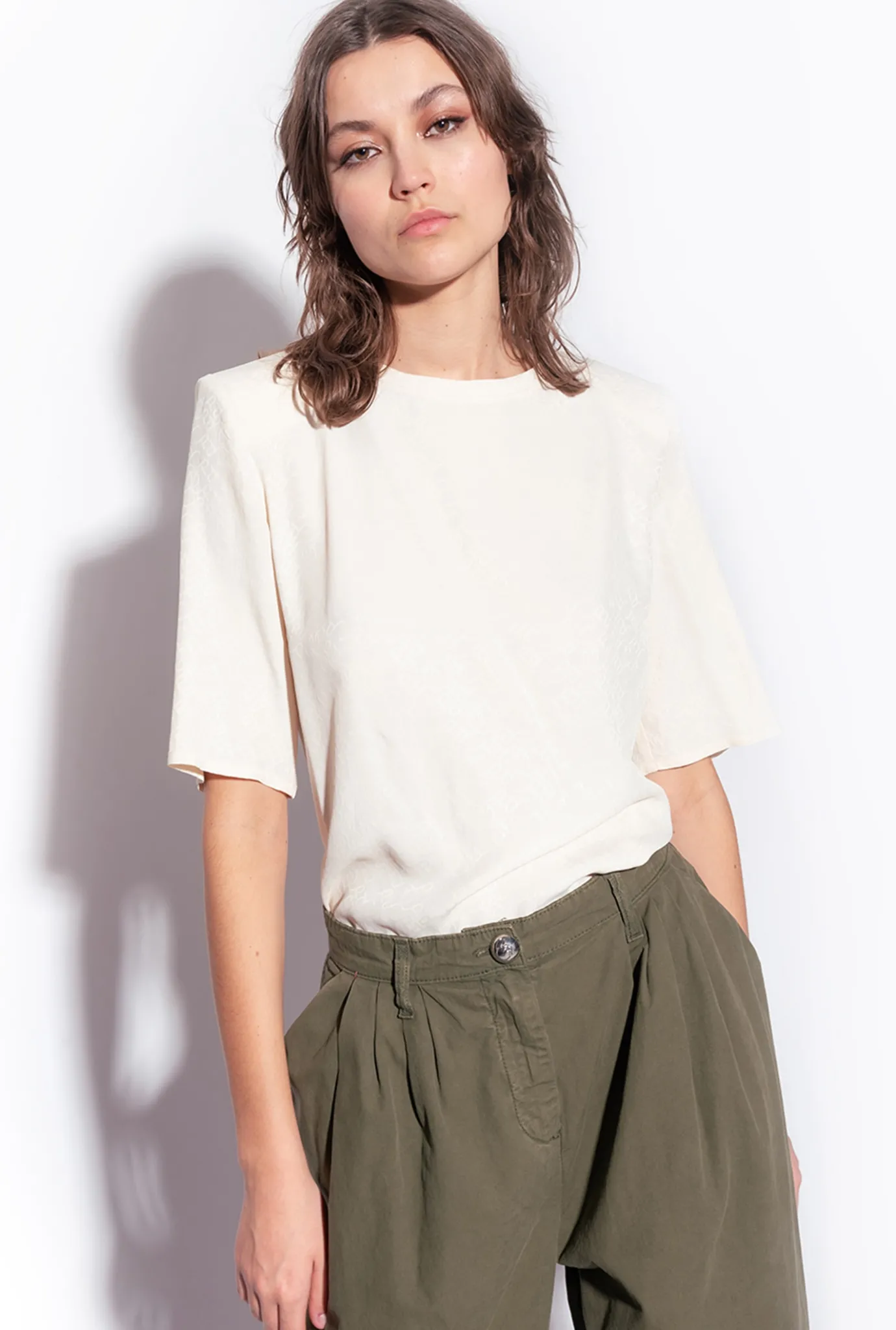 Chemises Et Blouses|PINKO Blouse A Manches Courtes En Jacquard Rose Fume Blanc