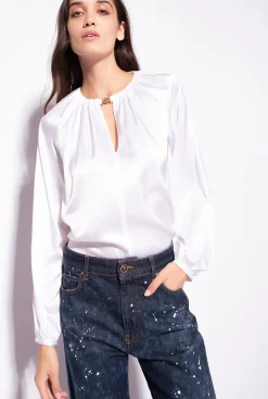 Chemises Et Blouses|PINKO Blouse A Manches Longues En Satin Stretch Blanc Brill.
