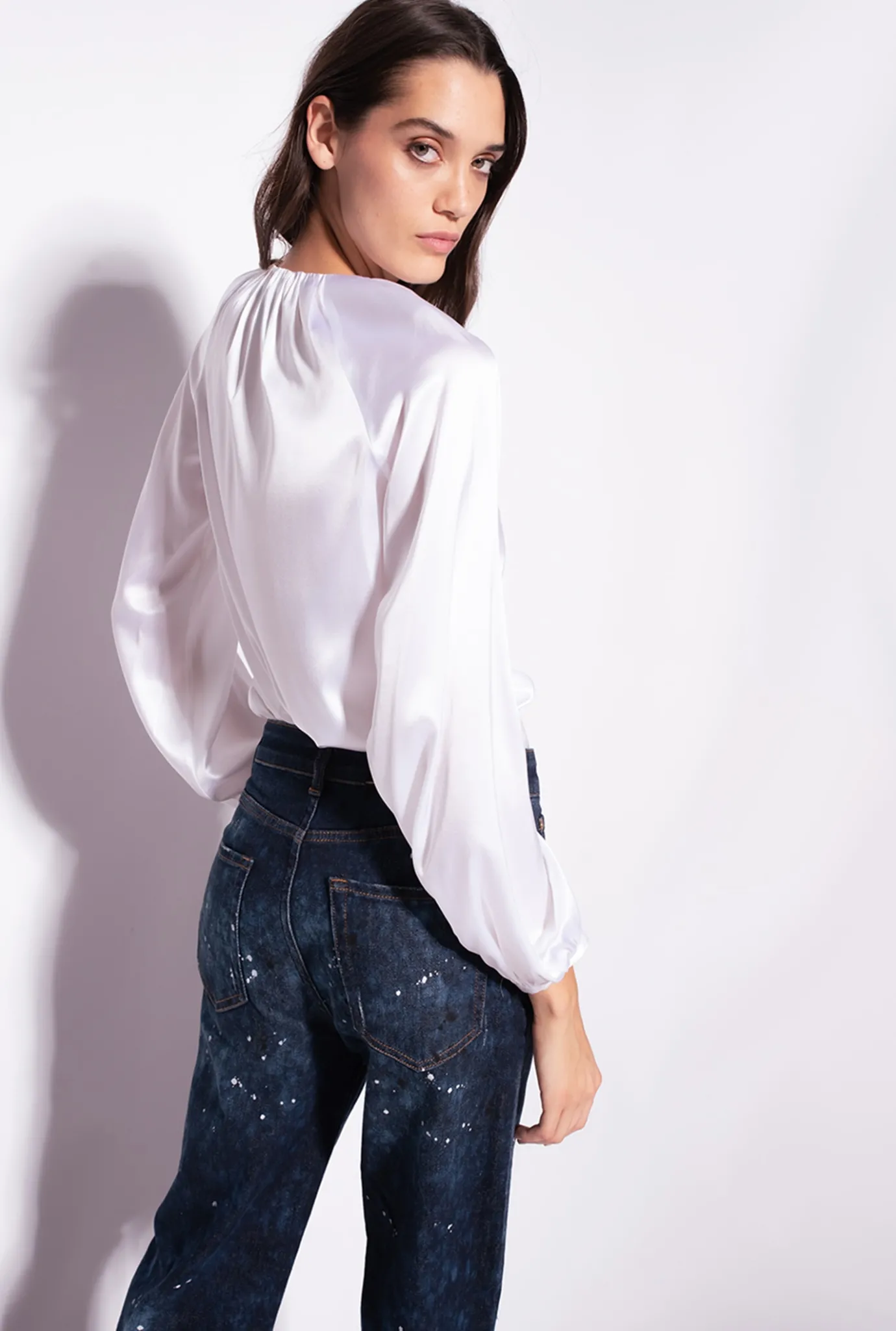 Chemises Et Blouses|PINKO Blouse A Manches Longues En Satin Stretch Blanc Brill.