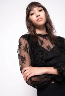Chemises Et Blouses|PINKO Blouse Courte En Dentelle Noir Limousine