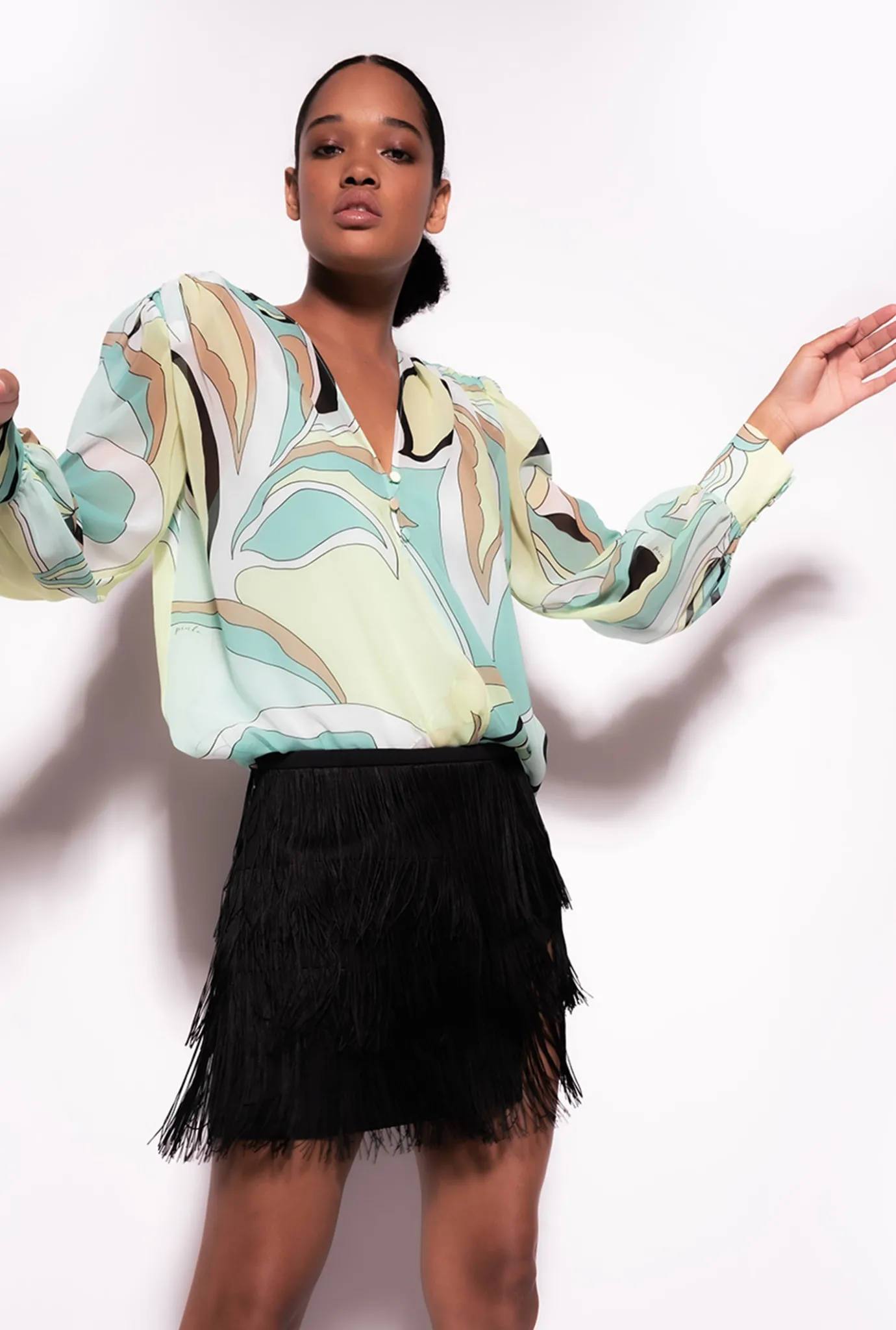 Tailleurs Et Ensembles|PINKO Blouse En Voile A Imprime Fleuri Multicolore - Vert D'Eau/Beige