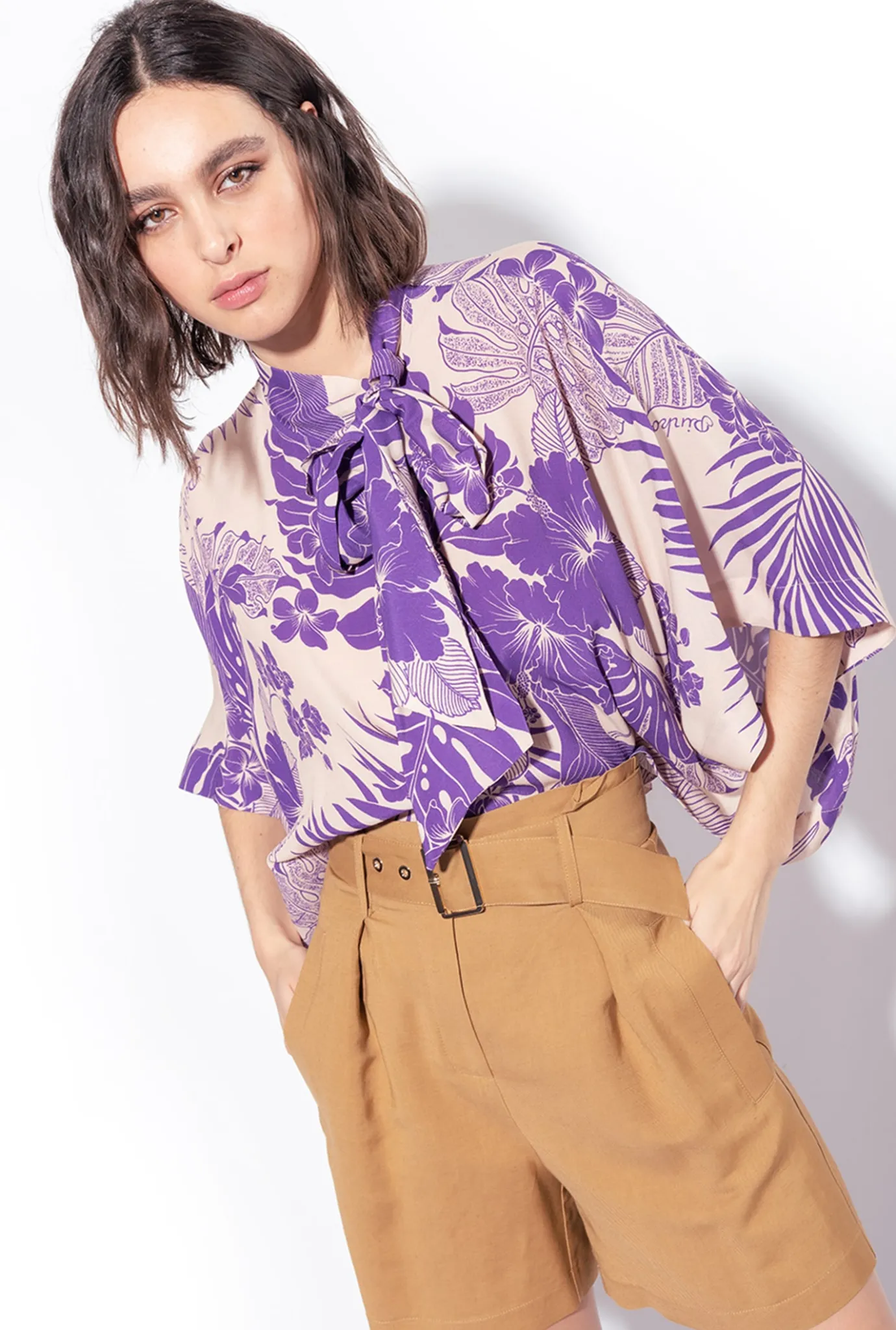 Tailleurs Et Ensembles|PINKO Blouse Facon Cape A Imprime Tropical Nude/Violet