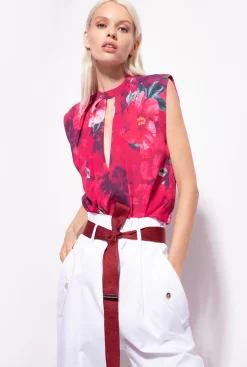 Topwear|PINKO Blouse Sans Manches A Imprime Hibiscus Multi.Fuchsia/Rose