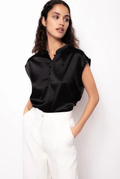Chemises Et Blouses|PINKO Blouse Sans Manches En Satin Noir Limousine