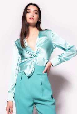 Tailleurs Et Ensembles|PINKO Blouse Torsadee En Soie Bleu Nil