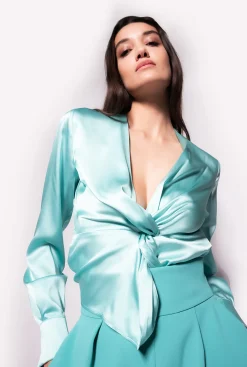 Tailleurs Et Ensembles|PINKO Blouse Torsadee En Soie Bleu Nil