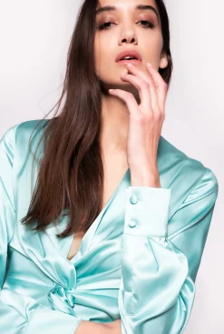 Tailleurs Et Ensembles|PINKO Blouse Torsadee En Soie Bleu Nil