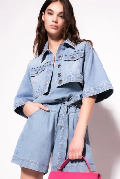 Vêtements D'extérieur|PINKO Blouson Crop En Denim A Strass Delavage Clair Moyen