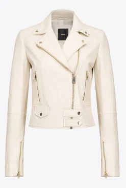 Vêtements D'extérieur|PINKO Blouson De Motard En Cuir Nappa Rose Fume Blanc