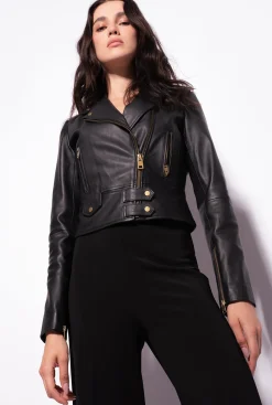 Vêtements D'extérieur|PINKO Blouson De Motard En Cuir Nappa Noir Limousine