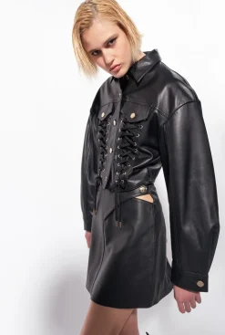 Vêtements D'extérieur|PINKO Blouson En Cuir A Lacets Noir Limousine