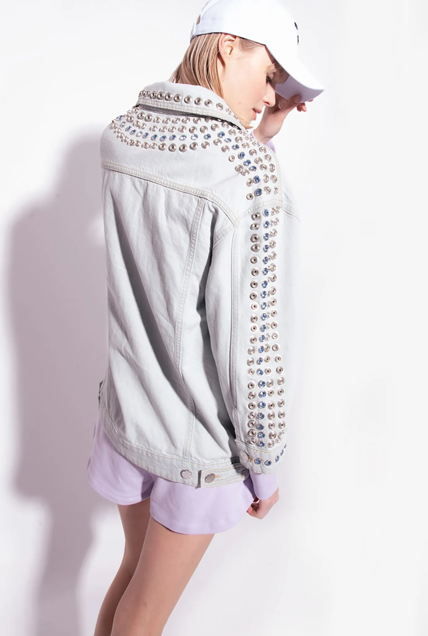 Vêtements D'extérieur|PINKO Blouson En Denim Avec Clous Et Strass Delavage Clair