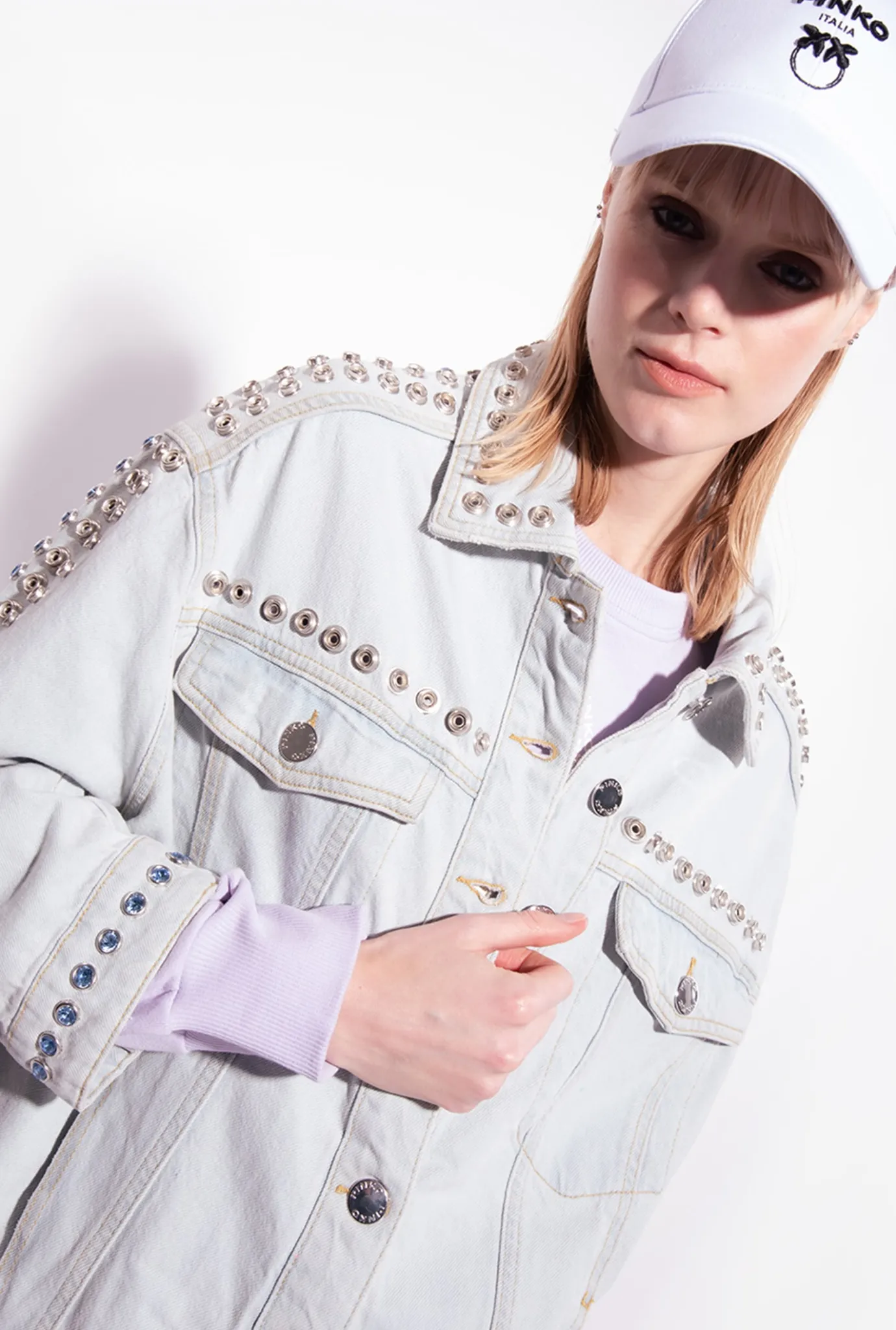 Vêtements D'extérieur|PINKO Blouson En Denim Avec Clous Et Strass Delavage Clair