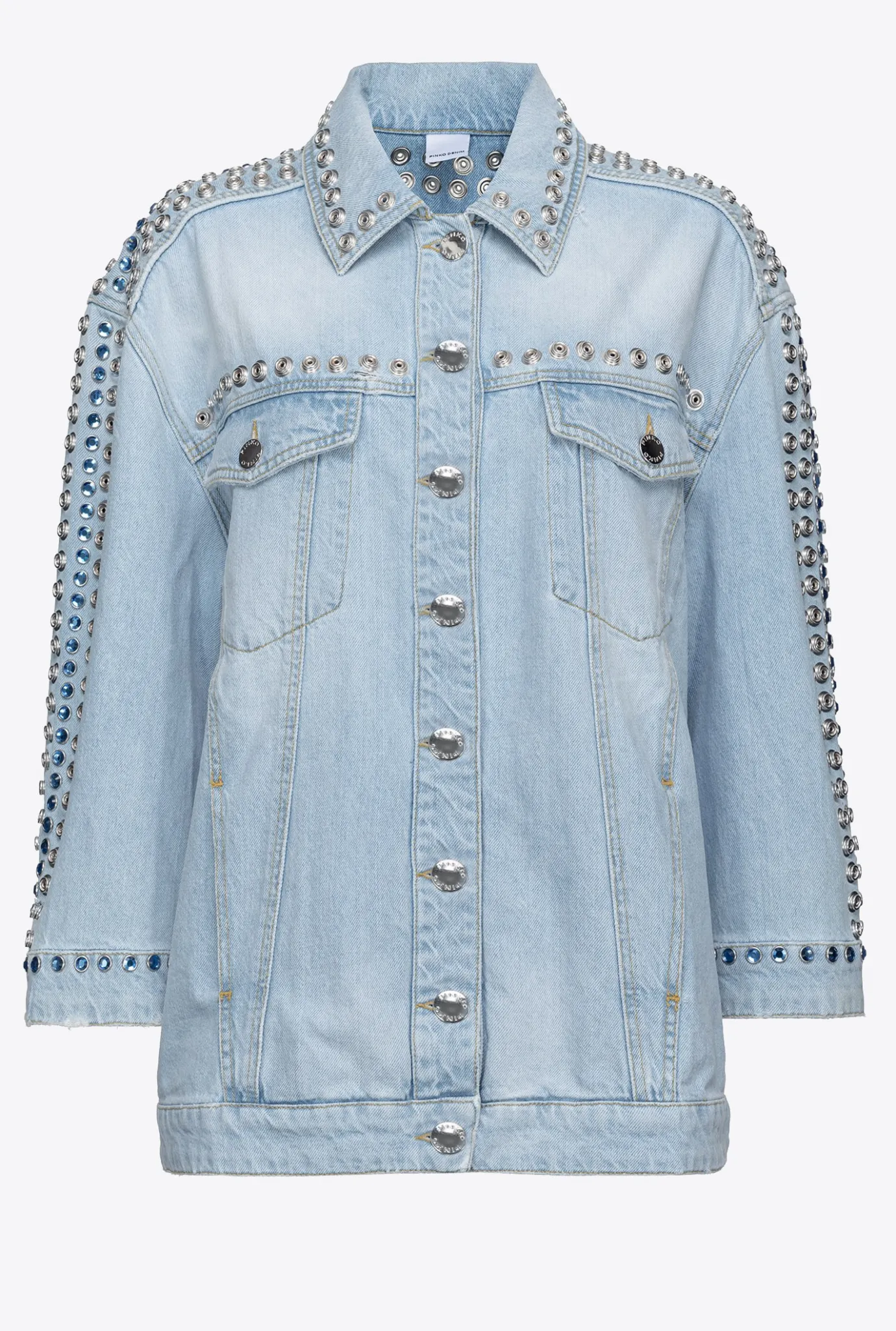 Vêtements D'extérieur|PINKO Blouson En Denim Avec Clous Et Strass Delavage Clair