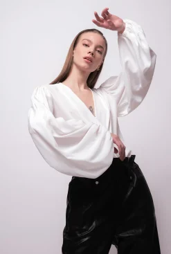 Chemises Et Blouses|PINKO Body Croise En Soie Melangee Blanc Nimbus