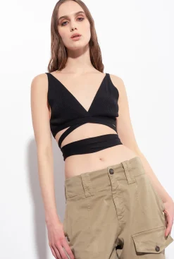 Topwear|PINKO Bralette En Maille Cotelee Noir Limousine