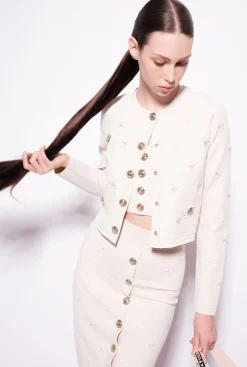 Pièces En Maille|PINKO Cardigan Court En Jacquard Love Birds Beige Bouleau