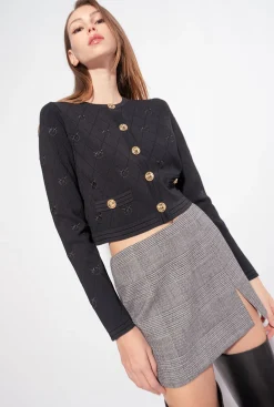 Tailleurs Et Ensembles|PINKO Cardigan Court En Jacquard Love Birds Noir Limousine