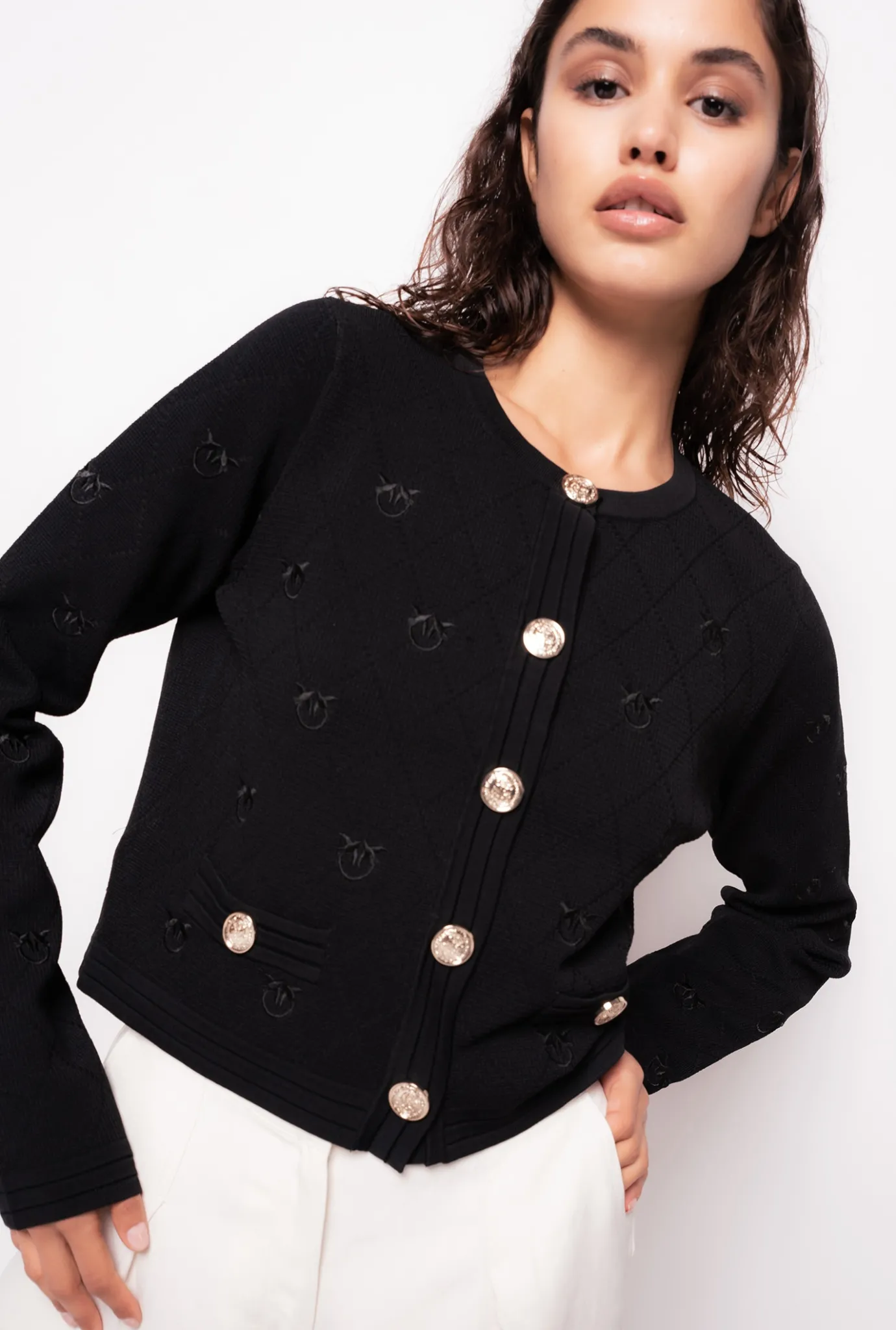 Tailleurs Et Ensembles|PINKO Cardigan Court En Jacquard Love Birds Noir Limousine
