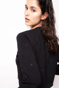 Tailleurs Et Ensembles|PINKO Cardigan Court En Jacquard Love Birds Noir Limousine