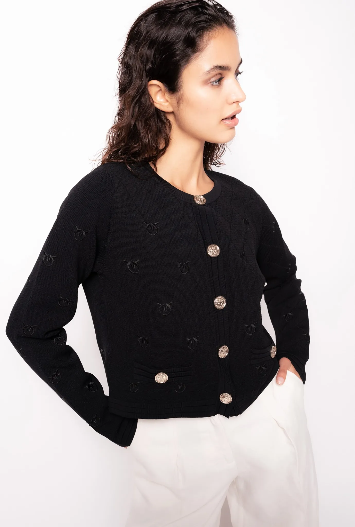 Tailleurs Et Ensembles|PINKO Cardigan Court En Jacquard Love Birds Noir Limousine
