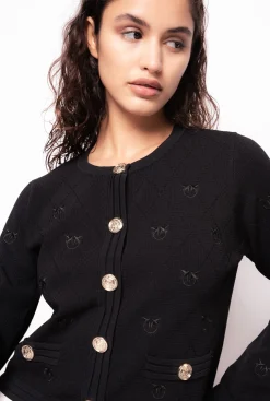 Tailleurs Et Ensembles|PINKO Cardigan Court En Jacquard Love Birds Noir Limousine