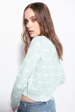 Tailleurs Et Ensembles|PINKO Cardigan Court Monogram Lurex Aigue-Marine/Blanc