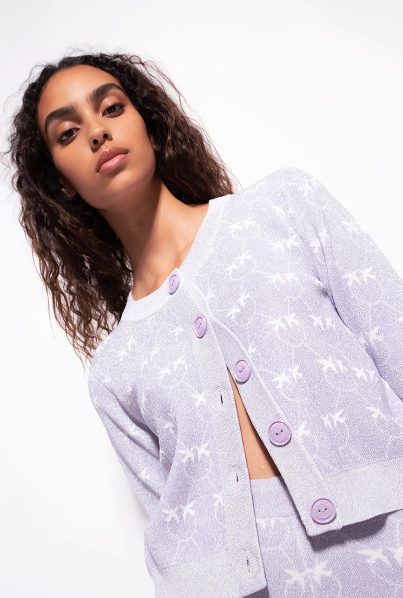 Tailleurs Et Ensembles|PINKO Cardigan Court Monogram Lurex Lilas/Blanc