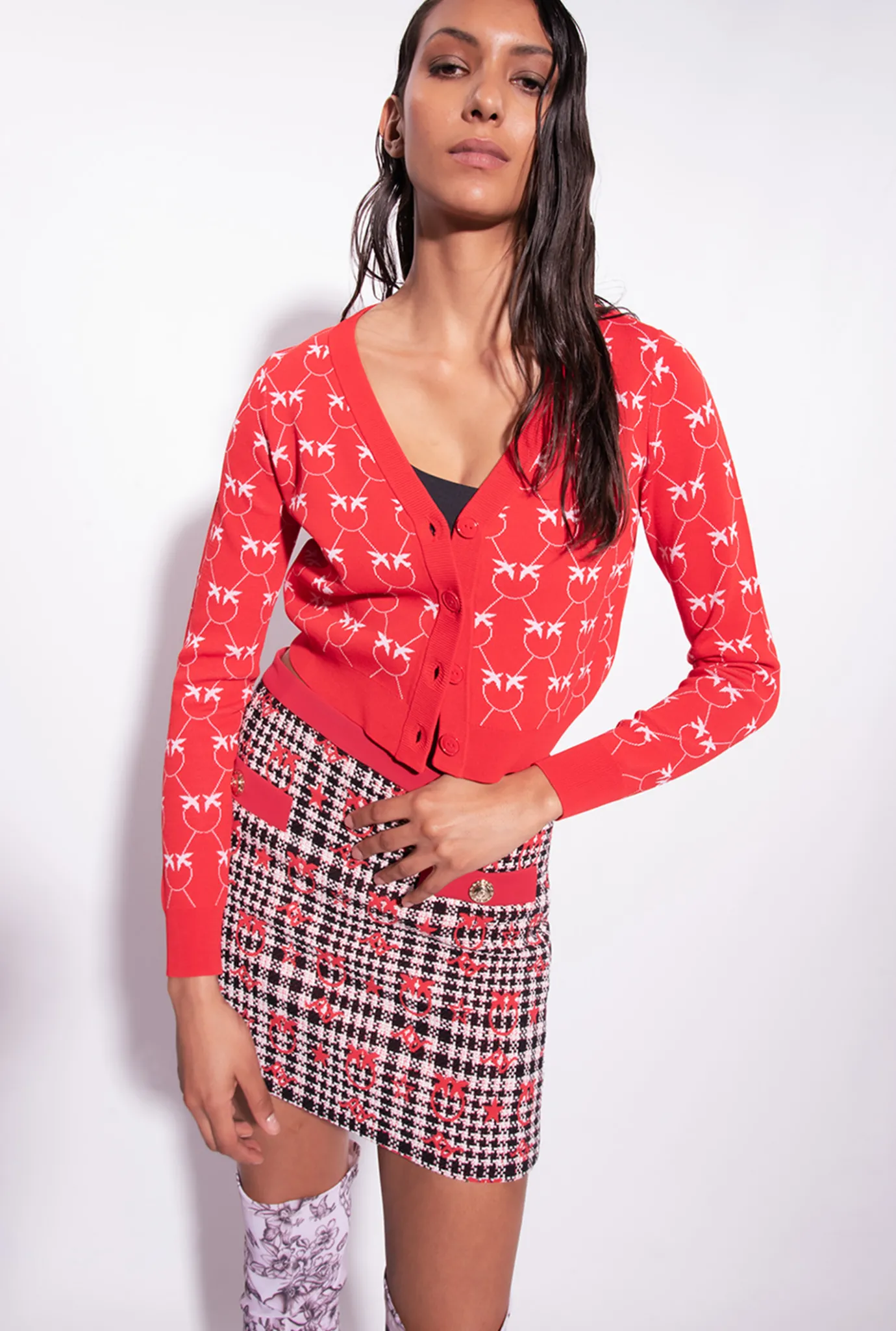 Tailleurs Et Ensembles|PINKO Cardigan Cropped En Jacquard Monogram Rouge/Rose