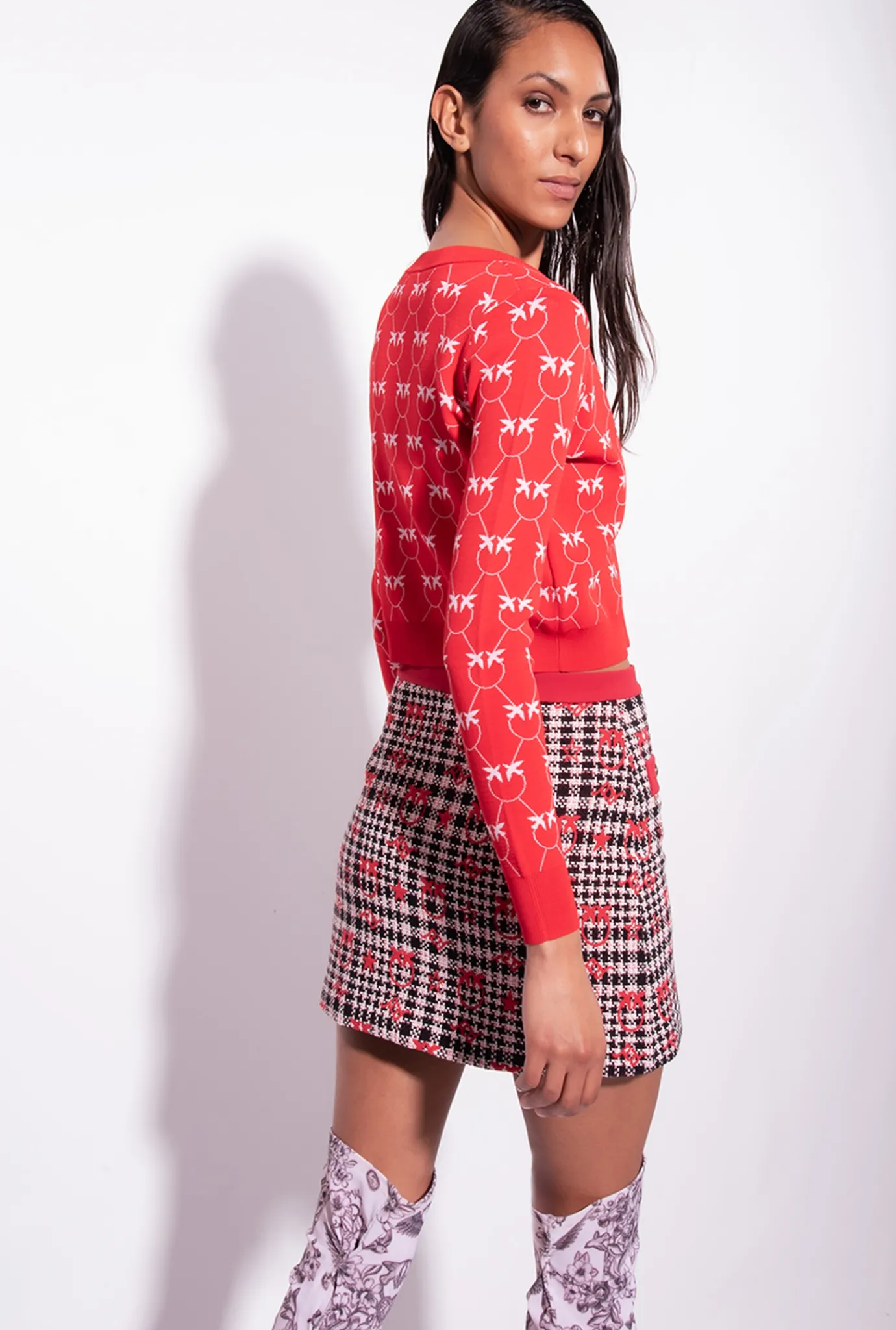 Tailleurs Et Ensembles|PINKO Cardigan Cropped En Jacquard Monogram Rouge/Rose