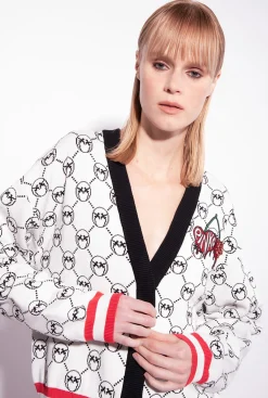 Pièces En Maille|PINKO Cardigan En Jacquard Monogram A Broderie Cerises Multi. Blanc/Noir/Rouge