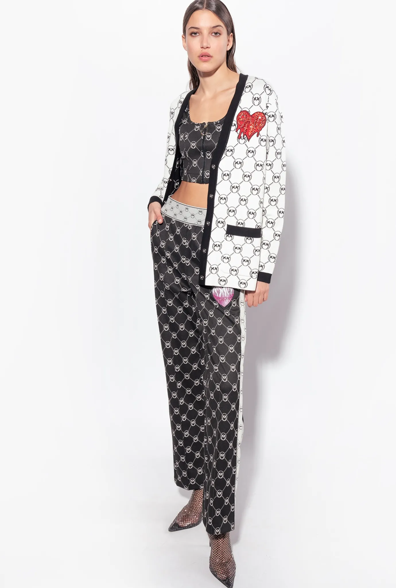Tailleurs Et Ensembles|PINKO Cardigan En Jacquard Monogram Multi. Blanc/Noir/Rouge
