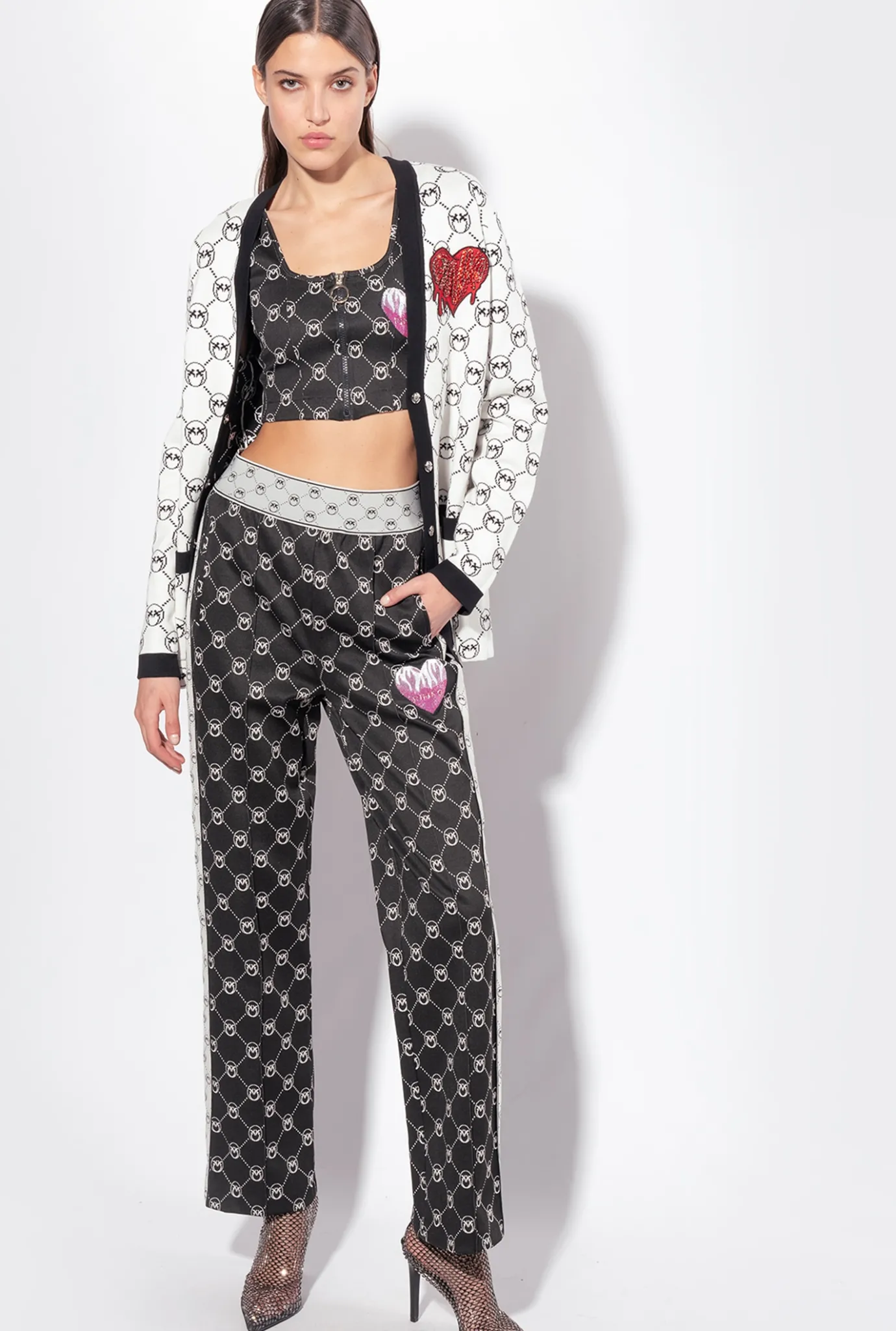 Tailleurs Et Ensembles|PINKO Cardigan En Jacquard Monogram Multi. Blanc/Noir/Rouge