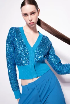 Tailleurs Et Ensembles|PINKO Cardigan Entierement Paillete Bleu Directoire