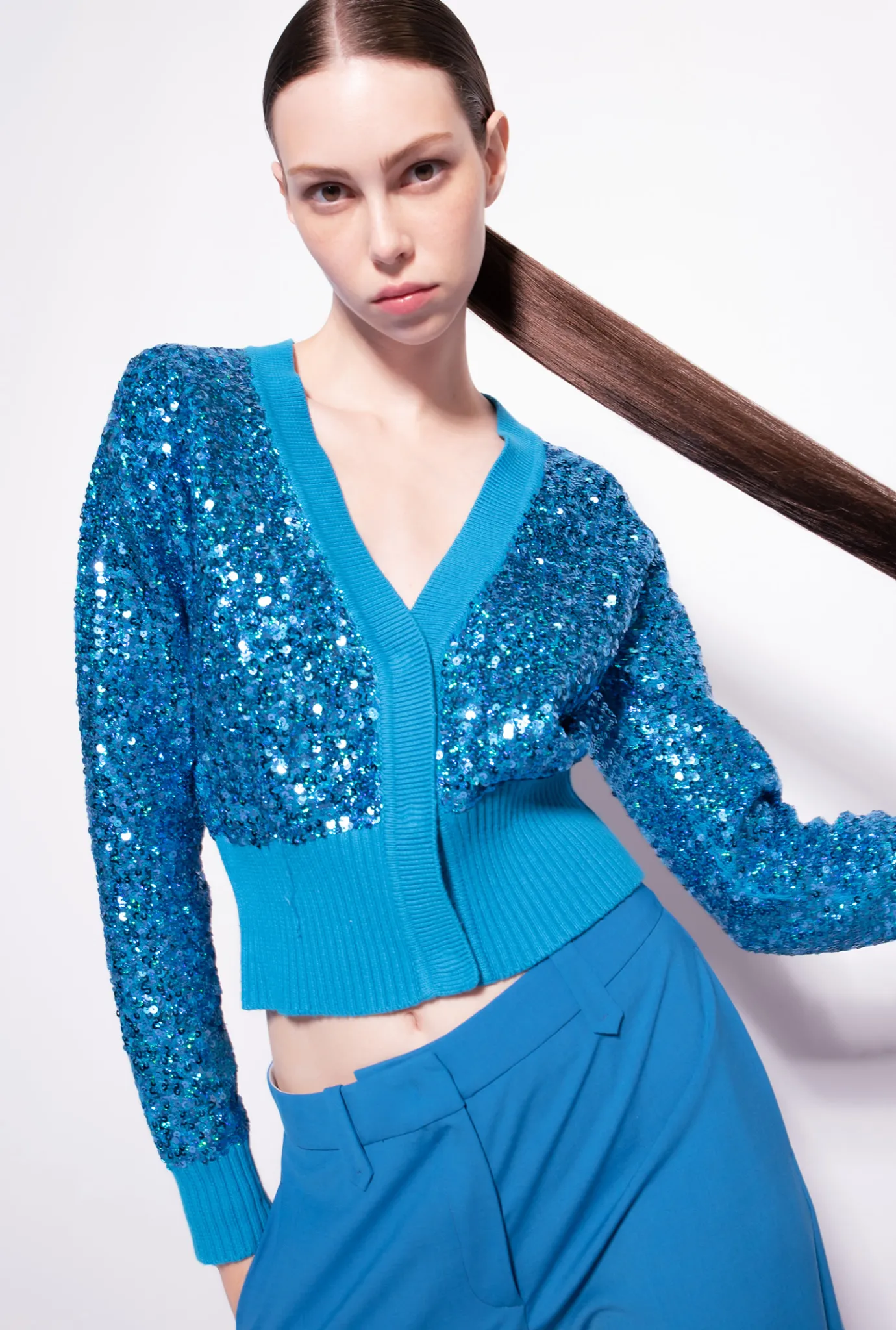 Tailleurs Et Ensembles|PINKO Cardigan Entierement Paillete Bleu Directoire