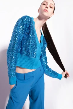 Tailleurs Et Ensembles|PINKO Cardigan Entierement Paillete Bleu Directoire