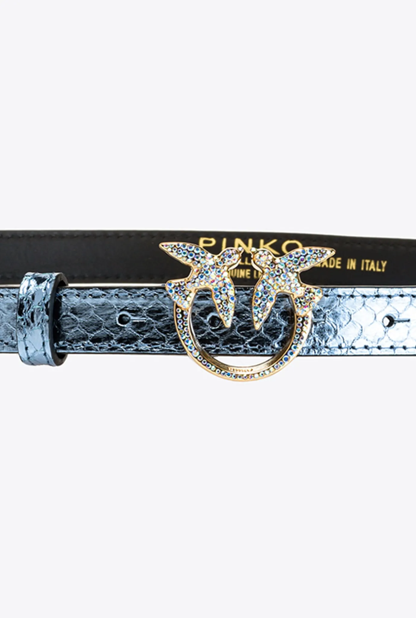 Ceintures|PINKO Ceinture Fine En Reptile Lame Galleria Bleu Clair-Or Brillant