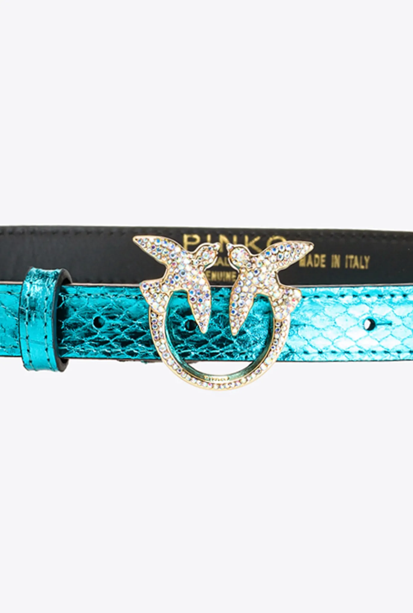 Ceintures|PINKO Ceinture Fine En Reptile Lame Galleria Petrole-Or Brillant