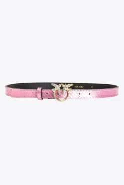 Ceintures|PINKO Ceinture Fine En Reptile Lame Galleria Rose Poudre-Or Brillant