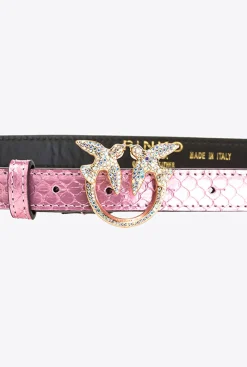Ceintures|PINKO Ceinture Fine En Reptile Lame Galleria Rose Poudre-Or Brillant