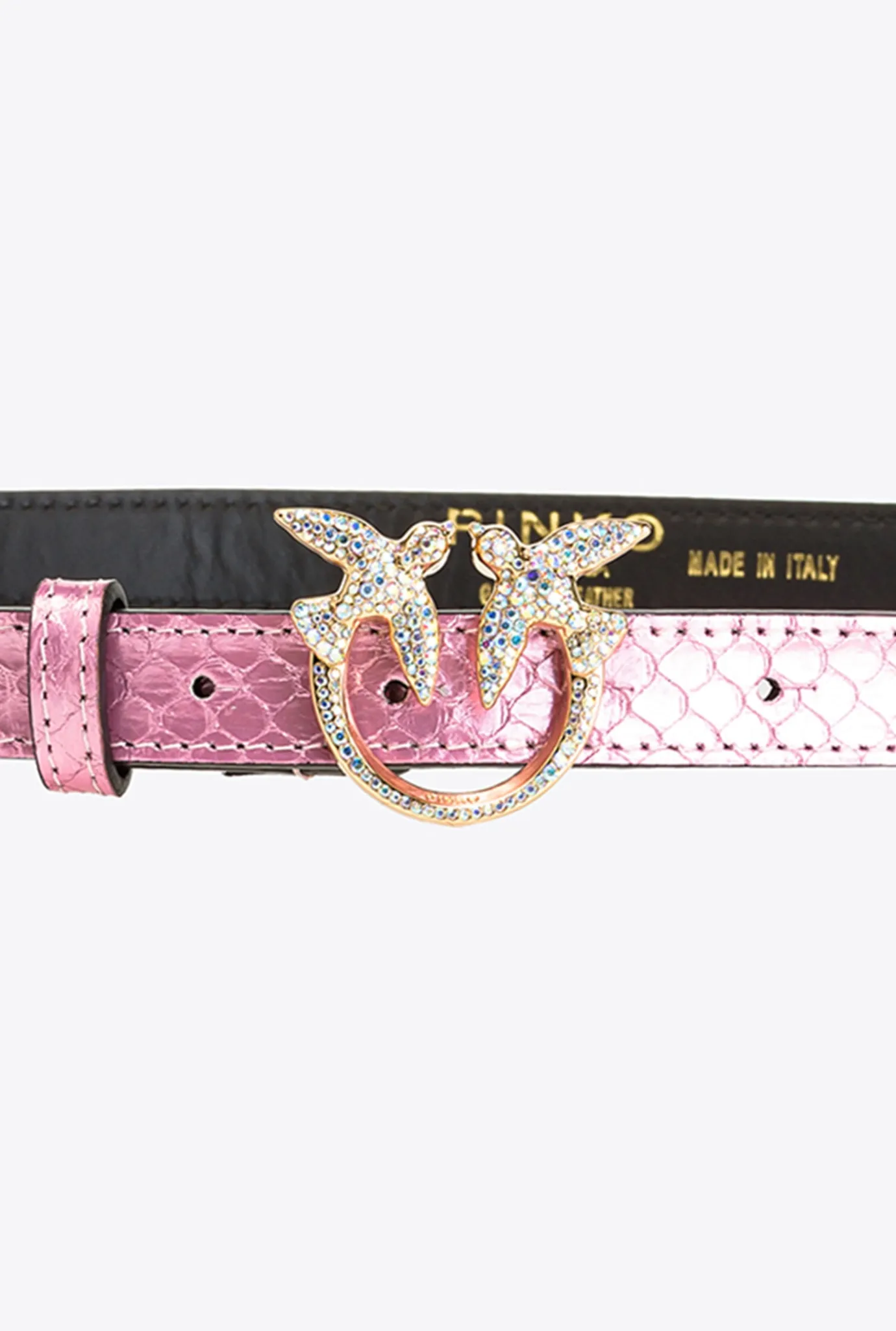 Ceintures|PINKO Ceinture Fine En Reptile Lame Galleria Rose Poudre-Or Brillant