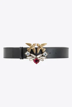 Ceintures|PINKO Ceinture Large Love Birds En Cuir Avec Bijoux Noir-Vieil Or