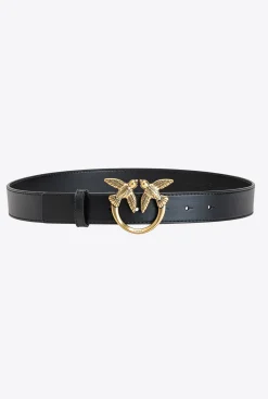 Ceintures|PINKO Ceinture Love Birds En Cuir Noir-Vieil Or