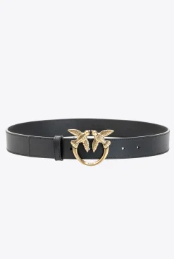 Ceintures|PINKO Ceinture Love Birds En Cuir Noir-Vieil Or